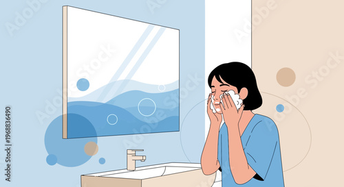 Woman washing face with foam in bathroom, skincare routine, hygiene, mirror reflection