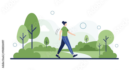 Woman walking in park, healthy lifestyle, nature, outdoor activity, green trees, sunny day