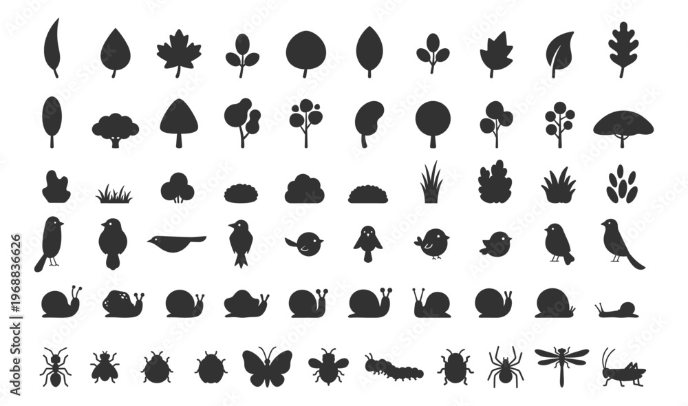 Fototapeta premium silhouettes of leaves birds snails and insects set vector illustration on transparent background
