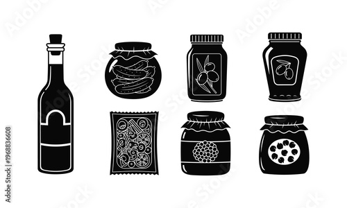 Assorted traditional preserved foods and beverages in jars and bottles