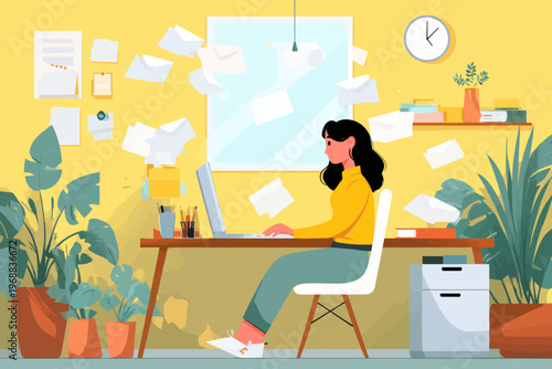 Asian female working at desk surrounded by papers in home office setting