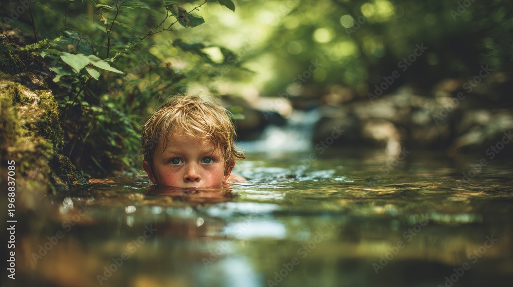 Fototapeta premium child swimming mountain stream with blured nature background