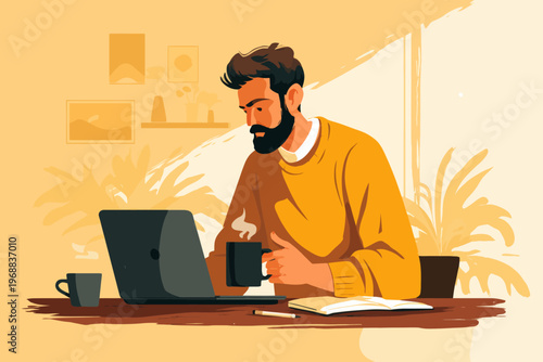 Young caucasian male working on laptop with coffee in modern home office