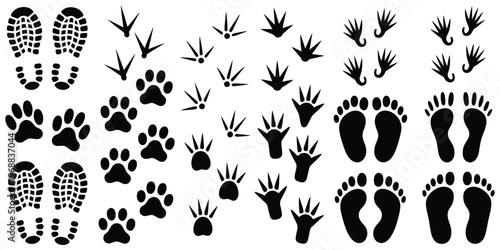 Animal and human footprint silhouettes collection, black paw prints, bird tracks, frog marks and shoe sole impressions isolated on white background, vector illustration set