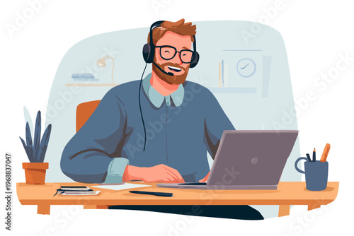 Smiling caucasian male adult wearing headphones working on laptop