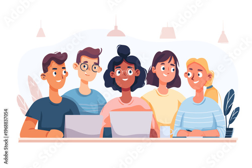 Diverse group of young adults collaborating on laptops in modern workspace