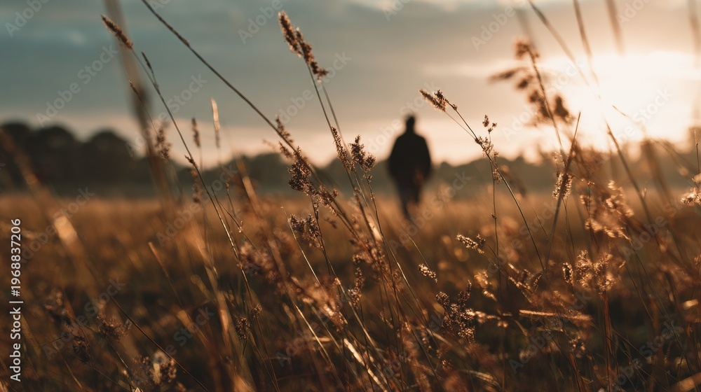 Obraz premium person walking golden hour field with blured nature background