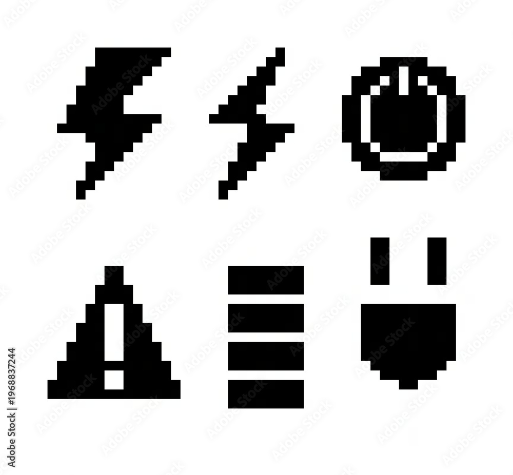 Fototapeta premium A set of 6 electricity icons in solid pixel art with a white border