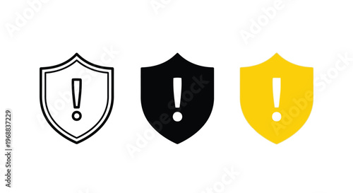 Three shield icons with exclamation marks indicating varying levels of alert or warning. Vector