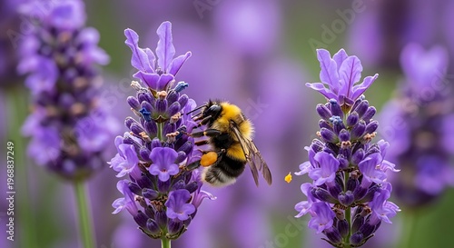 Close-up of a fuzzy bumblebee collecting nectar from a vibrant purple lavender flower