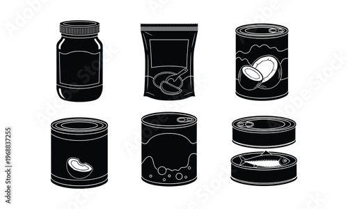 Assorted canned and packaged seafood illustrations in black and white