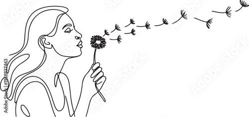 Continuous one line drawing girl holding dandelion and blowing it. Playing and getting benefits from dandelions. Healthy skin. National Dandelion Day. One line draw graphic design vector