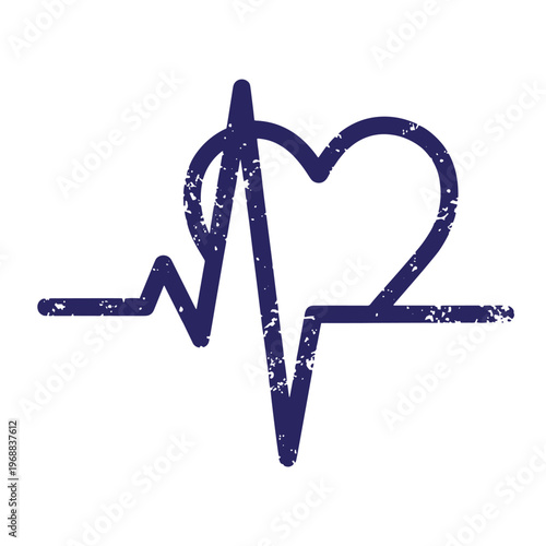 Dark blue heart shape combined with an electrocardiogram line featuring a distressed grunge texture on a white background