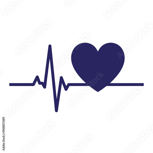 Dark blue heart shape integrated into a flat electrocardiogram line representing a steady heartbeat rhythm on a plain white background
