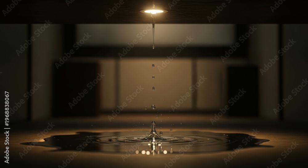 Obraz premium Water droplet falling from a light source creating ripples in a puddle