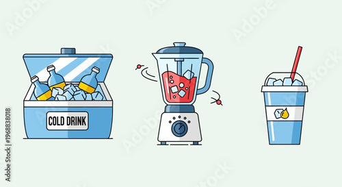 Portable cooler filled with cold drinks, a blender preparing a smoothie, and a refreshing beverage in a cup on a light background.