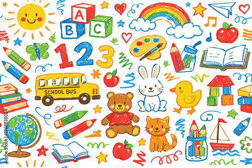 Colorful kids drawing of school bus alphabet numbers and cute animals on white background