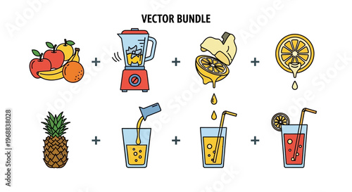 Fresh fruits, blender for preparing smoothies, squeezing lemon, and various refreshing juice drinks on a light background.