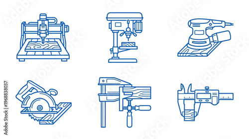 Industrial Workshop Tools Line Art Icons Pack with Drill Press and Clamp on Isolated White Background
