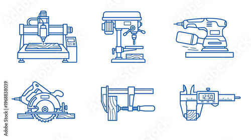 Workshop Tools Outline Icons Set with CNC Machine and Digital Caliper on Isolated White Background
