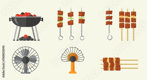 Barbecue grill with hot coals, various skewers of meat and vegetables, and fans for cooking on a light background.