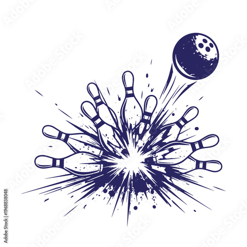 Dark blue ink of a bowling ball striking and scattering ten pins with an explosive splash effect on a white background