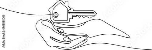 Hands hold key with house continuous one line art drawing. Real estate concept. One line draw graphic design vector