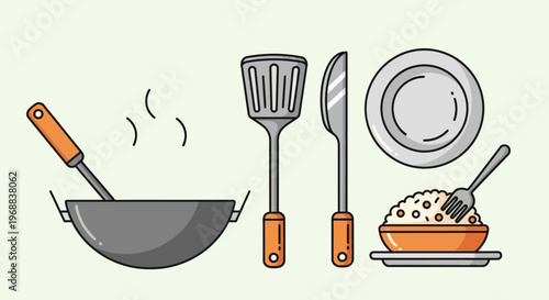 Traditional Asian wok, spatula, kitchen knife, and plate of rice with fork on a light green background.