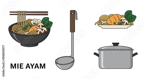 Delicious Indonesian Mie Ayam Chicken Noodle Soup with Ladle and Pot in Bright Studio