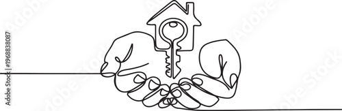 Hands hold key with house continuous one line art drawing. Real estate concept. One line draw graphic design vector