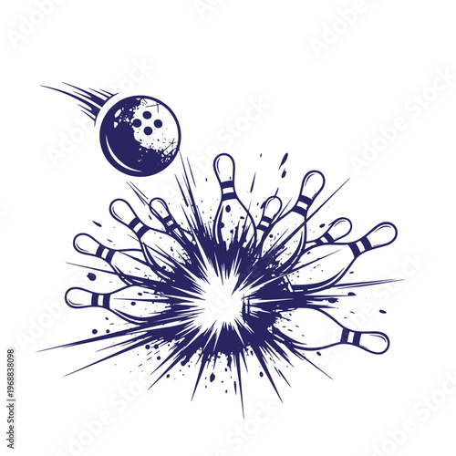Dark blue ink of a bowling ball striking pins with a dynamic explosion effect and motion lines on a white background