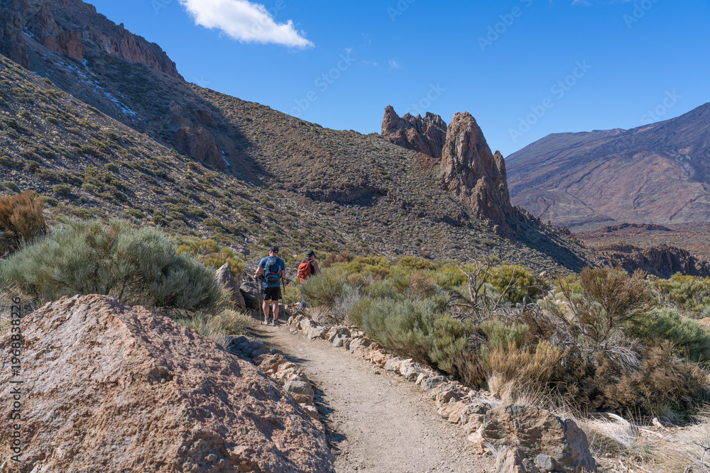 Obraz premium Two men with backpacks in Teide National Park. Tenerife. Canary Islands.