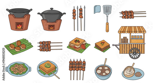 Assortment of Asian Street Food Items and Cooking Utensils with Grill, Skewers, and Wok in Bright Studio