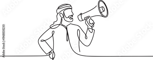 One continuous line of an Arab man holding a megaphone for Islamic celebration promotion model. One line draw graphic design vector