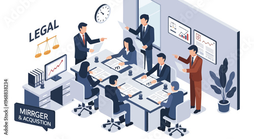 Business meeting discussing legal matters and mergers acquisitions.