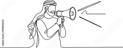 One continuous line of an Arab man holding a megaphone for Islamic celebration promotion model. One line draw graphic design vector