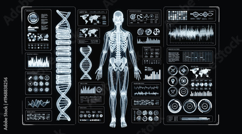 Futuristic medical interface with human skeleton, dna helix, world map, and data charts for healthcare, biotechnology, and scientific research