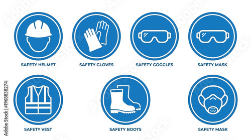 Safety Personal Protective Equipment (PPE) Icons for Construction Industry, Isolated on White Background