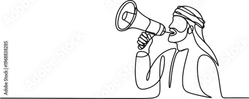 One continuous line of an Arab man holding a megaphone for Islamic celebration promotion model. One line draw graphic design vector