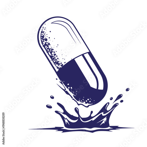 Dark blue ink style of a medical capsule pill falling into a liquid splash creating droplets isolated on a white background