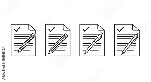 Four completed documents with pencils and checkmarks indicating approval or completion Vector