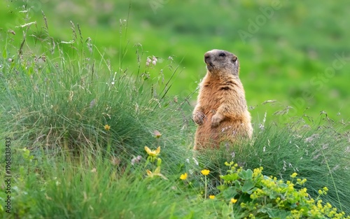 Marmot standing in the grass, observing, in Dolomiten mountains in summer season