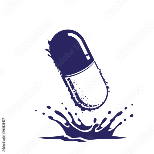 Dark blue medical capsule pill falling into a liquid splash creating ripples and droplets isolated on a white background