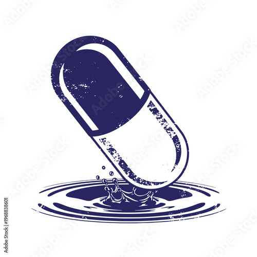 Dark blue medical capsule pill falling into liquid creating a circular splash effect with a distressed grainy texture isolated on a white background