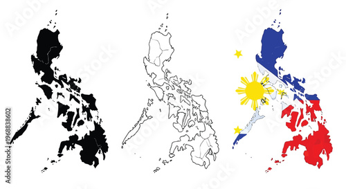 Philippine regions depicted in black and white, outlined, and color-coded maps Vector