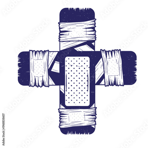 Dark blue medical cross symbol constructed from layered adhesive bandages and gauze wraps with a textured distressed surface finish