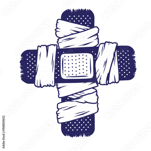 Dark blue medical cross symbol formed by two overlapping adhesive bandages with white gauze texture and dotted pattern on a white background