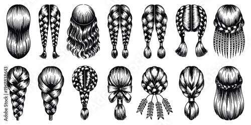 Braided hairstyle illustration set, detailed vintage hair plaits and braids collection, hand drawn black and white beauty design elements isolated on white background vector