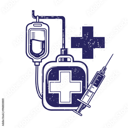 Dark blue medical featuring an intravenous drip bag a donation pouch with a cross symbol and a syringe with a needle on a white background with a distressed grunge texture effect