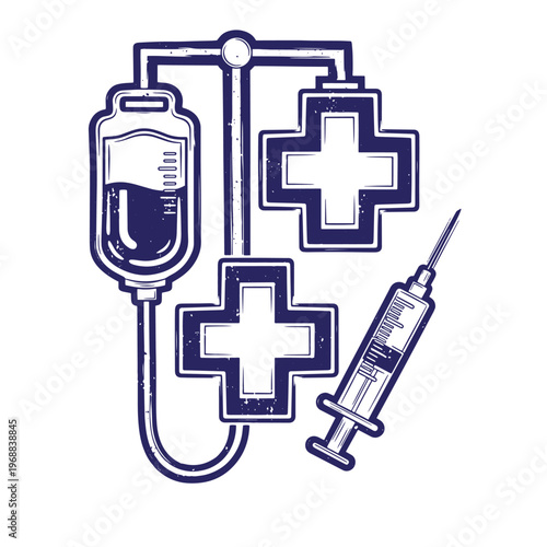 Dark blue medical featuring an intravenous drip bag two greek crosses and a hypodermic syringe with a textured ink stamp style on a white background